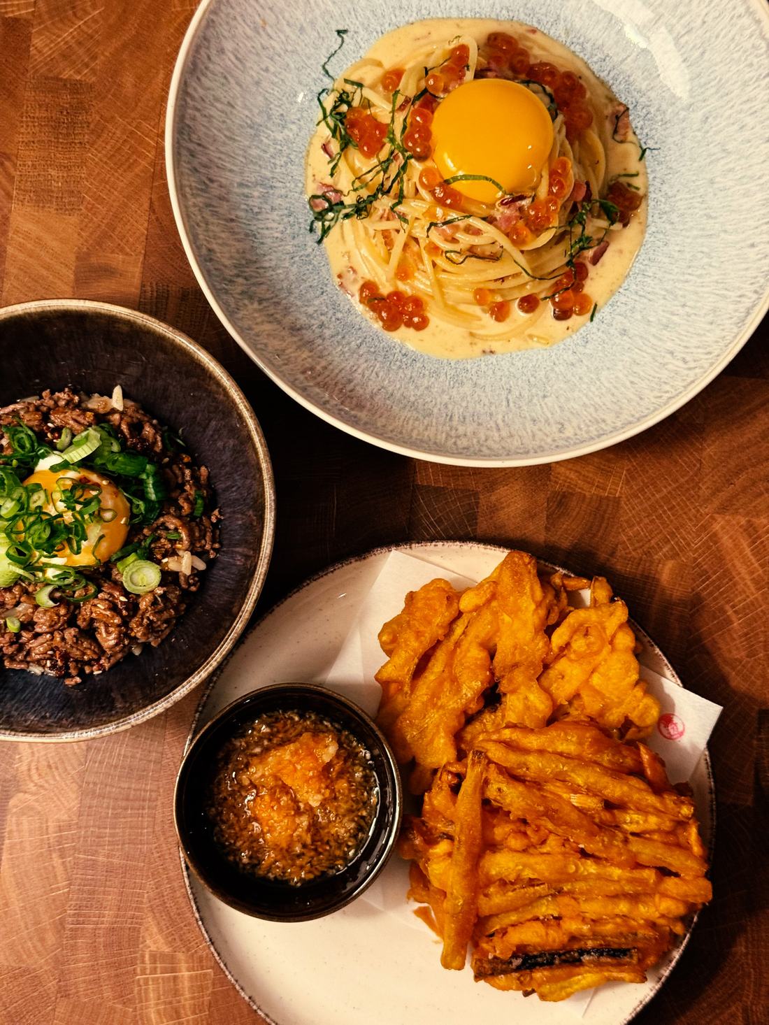 Donburi, Carbonara und Karotten-Tempura